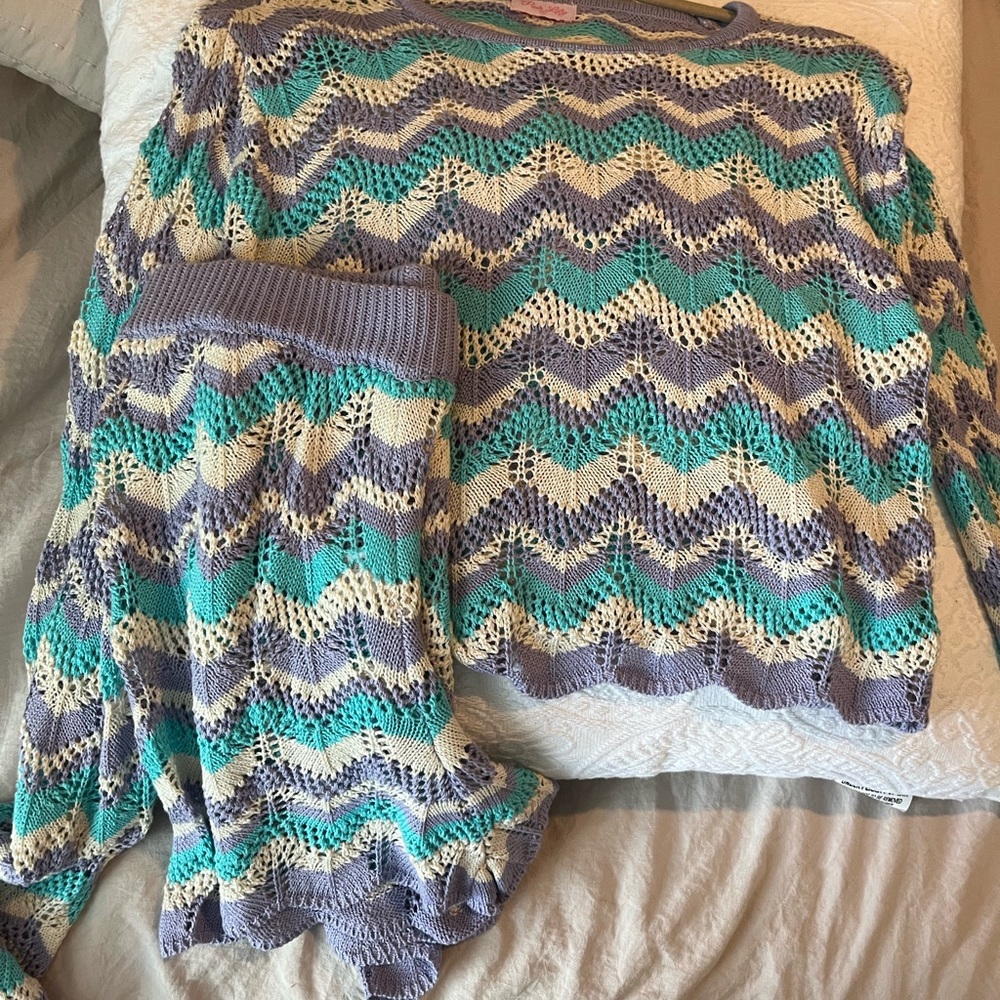 Pink Lily Chevron Knit Sweater in Purple, Blue, and Cream
